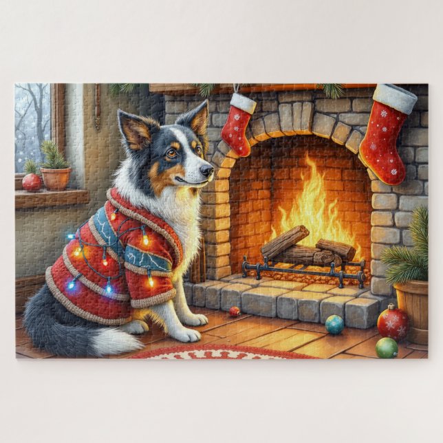 Puzzle Border Collie Fireplace with Christmas Lights (Horizontal)