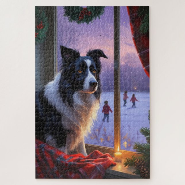 Puzzle Border Collie With Christmas Lights Holiday (Vertical)