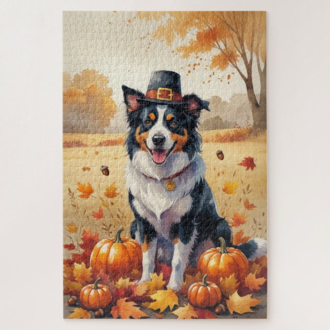 Puzzle Bordure Collie À L'Automne Feuilles Thanksgiving A (Vertical)