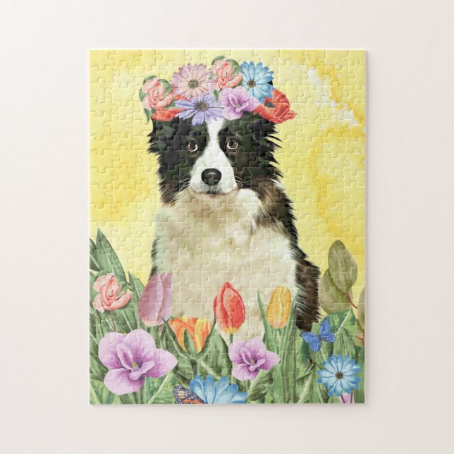 Puzzle Bordure Collie Chien avec Fleurs Printemps (Vertical)