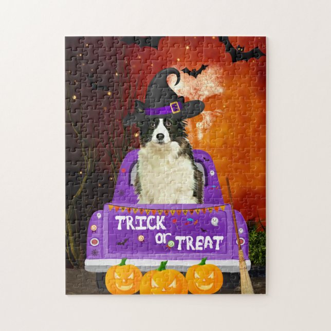 Puzzle Bordure Collie Chien dans le camion Halloween (Vertical)