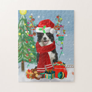 Puzzle Bordure Collie chien dans Neige avec cadeaux de No