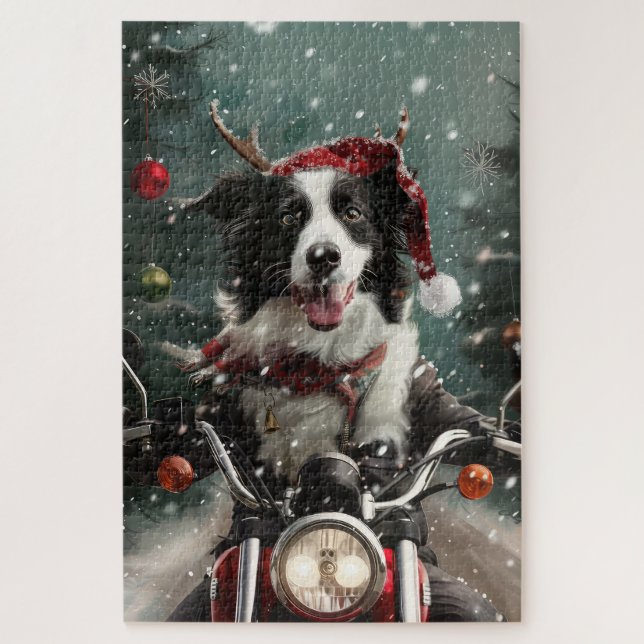 Puzzle Bordure Collie Chien équitation Moto Noël (Vertical)