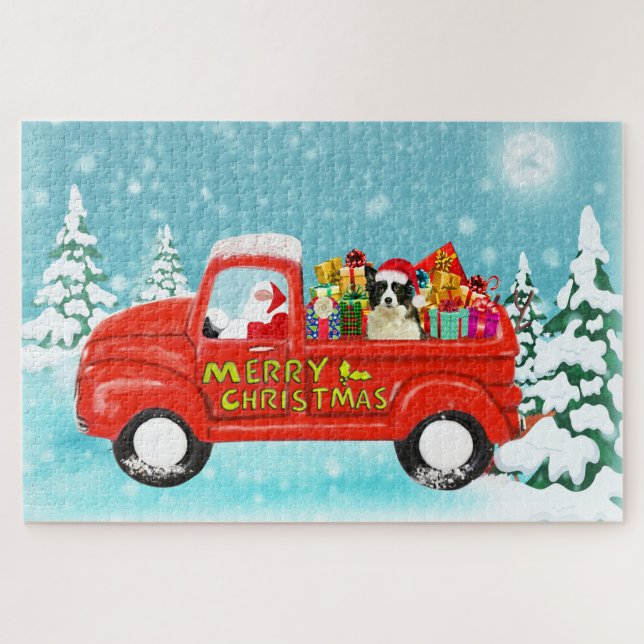 Puzzle Bordure Collie Chien Noël Père Noël Livraison Cami (Horizontal)