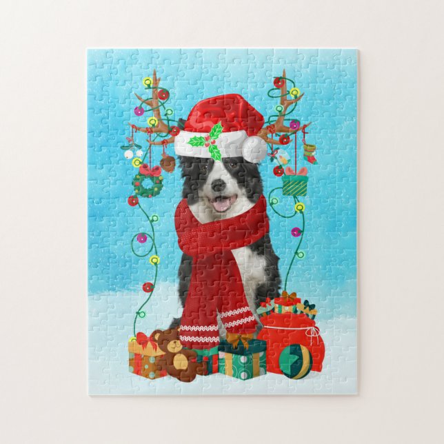 Puzzle Bordure Collie dans la neige avec cadeaux de Noël (Vertical)