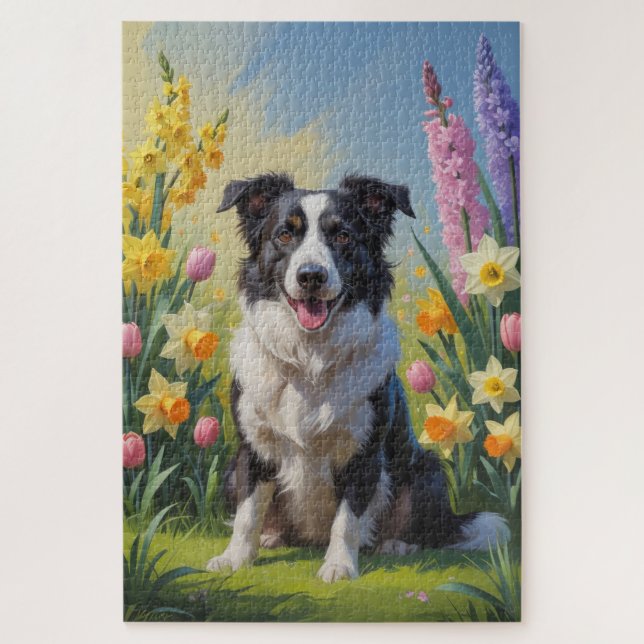 Puzzle Bordure Collie Fleurs de printemps de chien Peintu (Vertical)