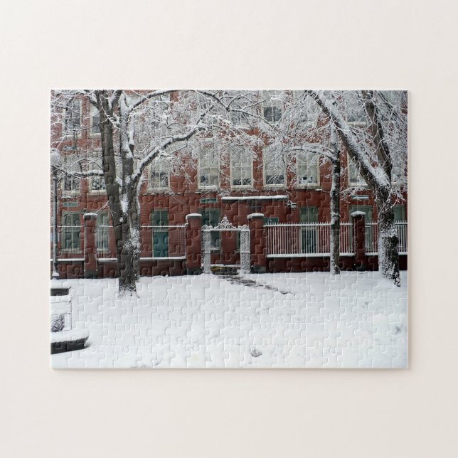 Puzzle Boston Red Brick School House en neige hivernale (Horizontal)