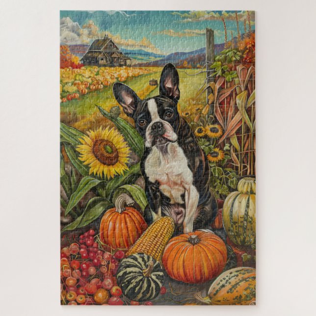 Puzzle Boston Terrier Chien Automne Moisson Thanksgiving (Vertical)