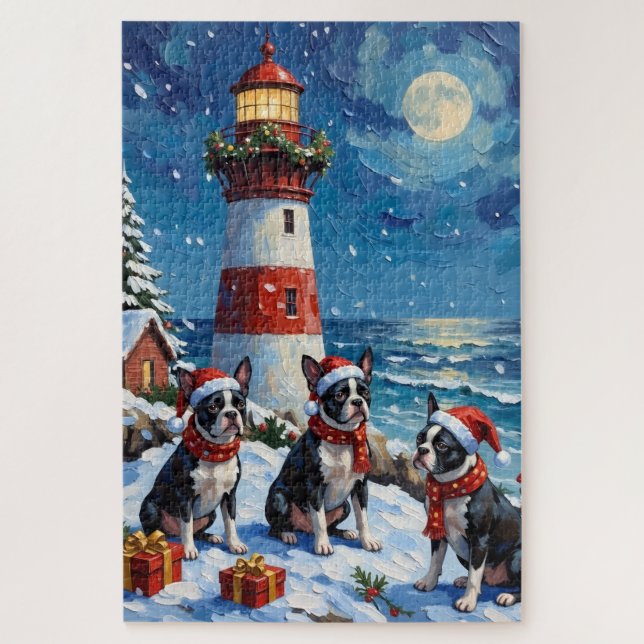 Puzzle Boston Terrier Christmas Lighthouse Holiday (Vertical)