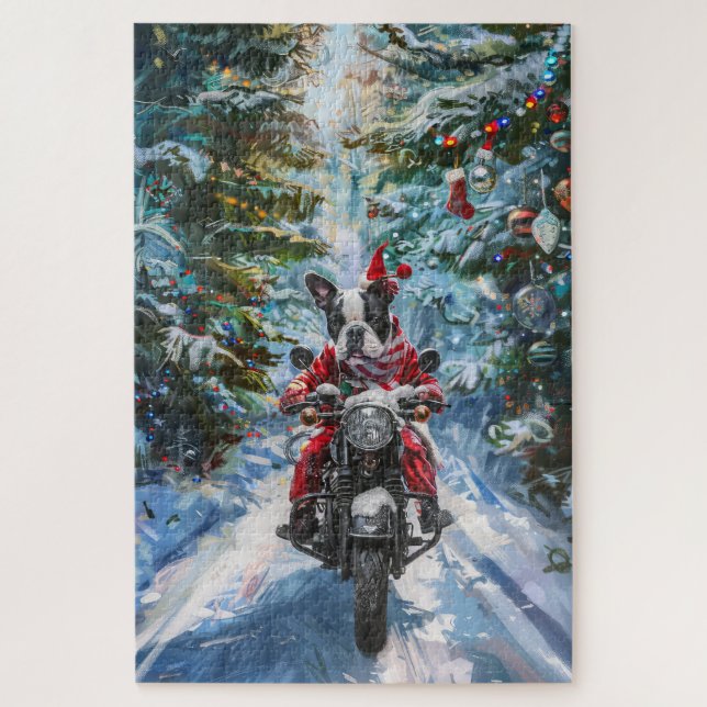 Puzzle Boston Terrier Dog Riding Motorcycle Christmas (Vertical)