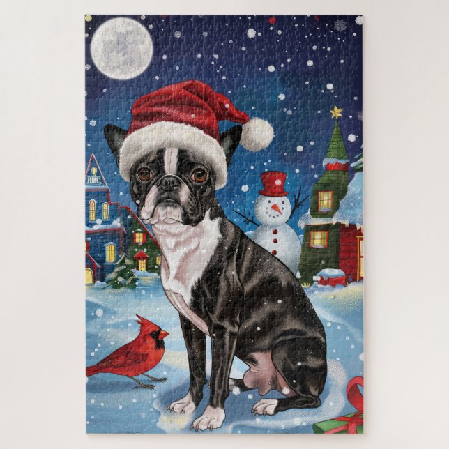 Puzzle Boston Terrier Dog Winter Wonderland Noël Joie (Vertical)
