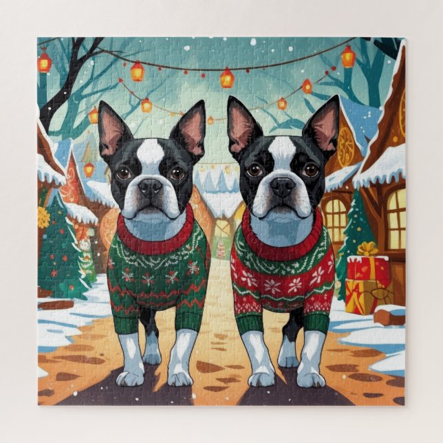 Puzzle Boston Terrier Dogs Christmas Snow Holiday (Vertical)
