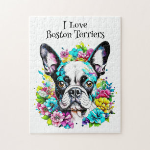 Puzzle Boston Terrier et Fleurs