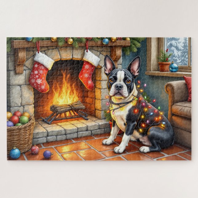 Puzzle Boston Terrier Fireplace with Christmas Lights (Horizontal)