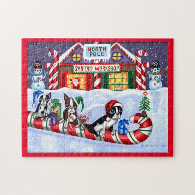 Puzzle Boston Terriers Sucre de canne Père Noël Christmas (Horizontal)