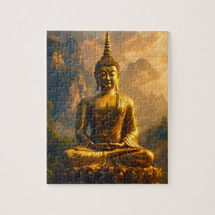 Puzzle Bouddha assis doré sous un ciel de coucher de sole