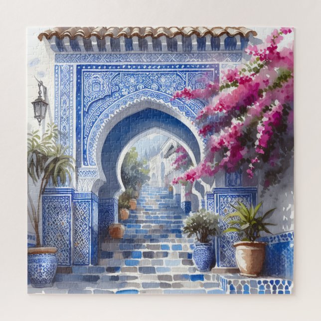 Puzzle Bougainvilliers floraux roses Maroc Carreaux bleus (Vertical)