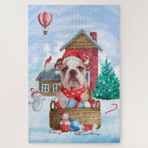 Puzzle Bouledogue anglais dans la maison de Noël enneigée