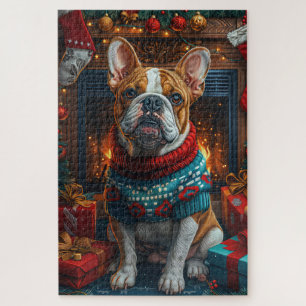 Puzzle Bouledogue avec cheminée de cadeaux de Noël