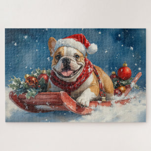 Puzzle Bouledogue en traîneau Laissez neige Noël