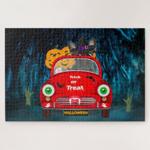 Puzzle Bouledogue français conduisant une voiture effraya