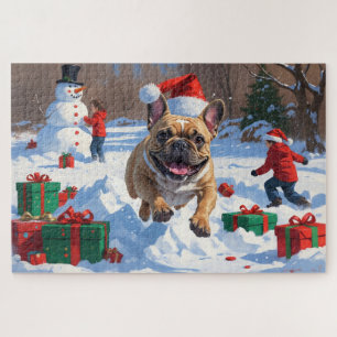 Puzzle Bouledogue français courant dans la neige avec un 
