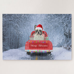 Puzzle Bouledogue français dans la neige assis dans un ca