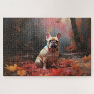 Puzzle Bouledogue français dans les feuilles d'automne qu