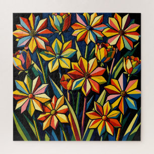 Puzzle Bouquet de fleurs arc-en-ciel géométrique vibrant