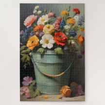Bouquet de fleurs d'été peintes dans un seau vert