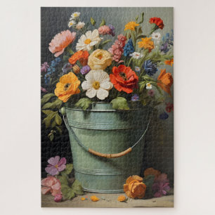 Puzzle Bouquet de fleurs d'été peintes dans un seau vert