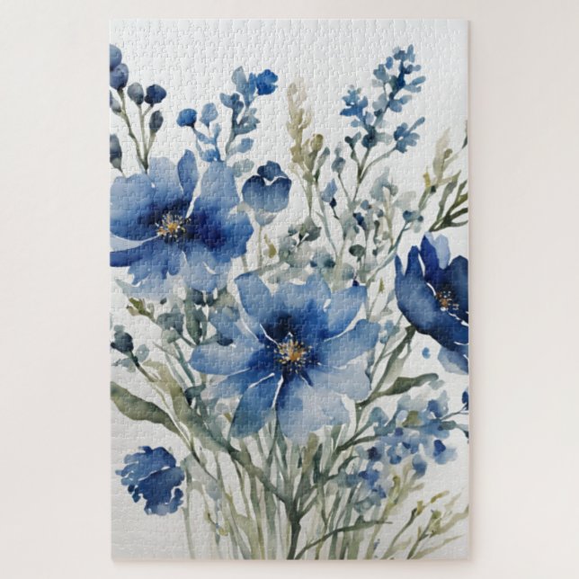 Puzzle Bouquet de fleurs Elégante aquarelle Bleu élégant (Vertical)