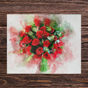 Puzzle Bouquet de roses rouges aquarelle sur fond blanc