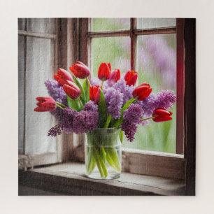 Puzzle Bouquet de tulipes rouges et de lilas