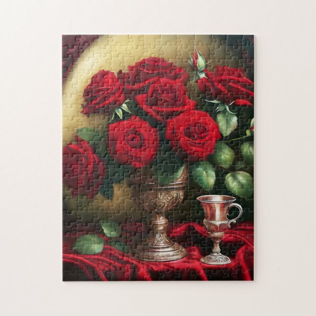 Puzzle Bouquet élégant botanique Roses rouges (Vertical)
