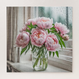Puzzle Bouquet Peony rose par une fenêtre pluvieuse