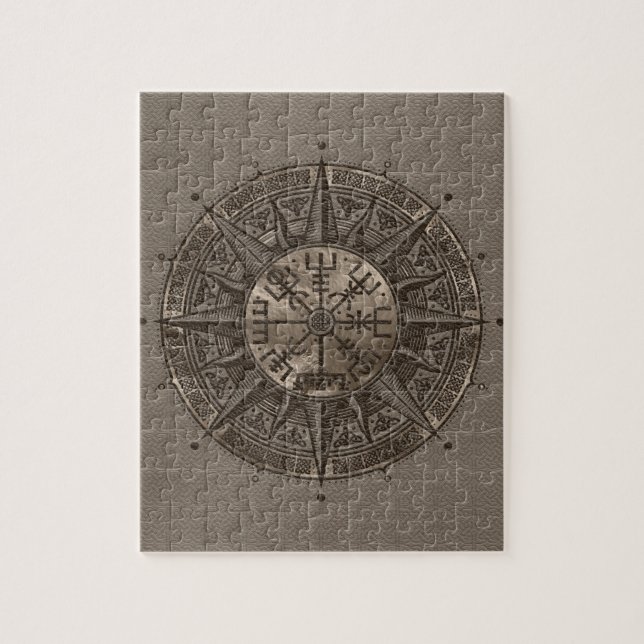 Puzzle Boussole de Vegvisir - de Viking - cuir et or (Vertical)
