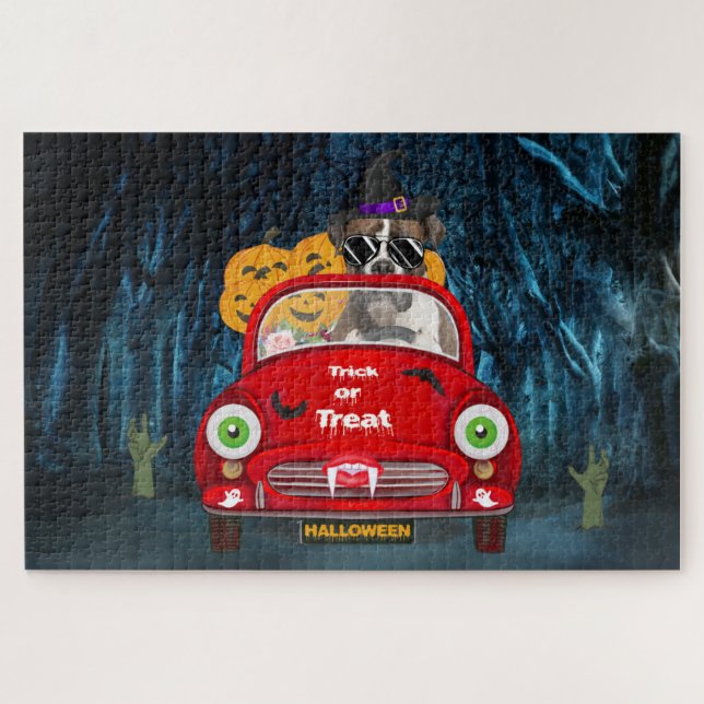 Puzzle Boxer Chien Conduite Voiture Effrayant Halloween (Horizontal)