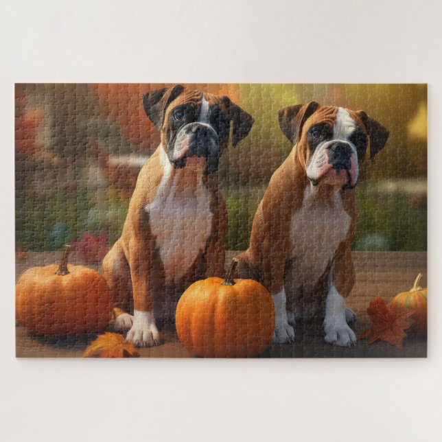 Puzzle Boxer Chiot Automne Citrouille de plaisir (Horizontal)