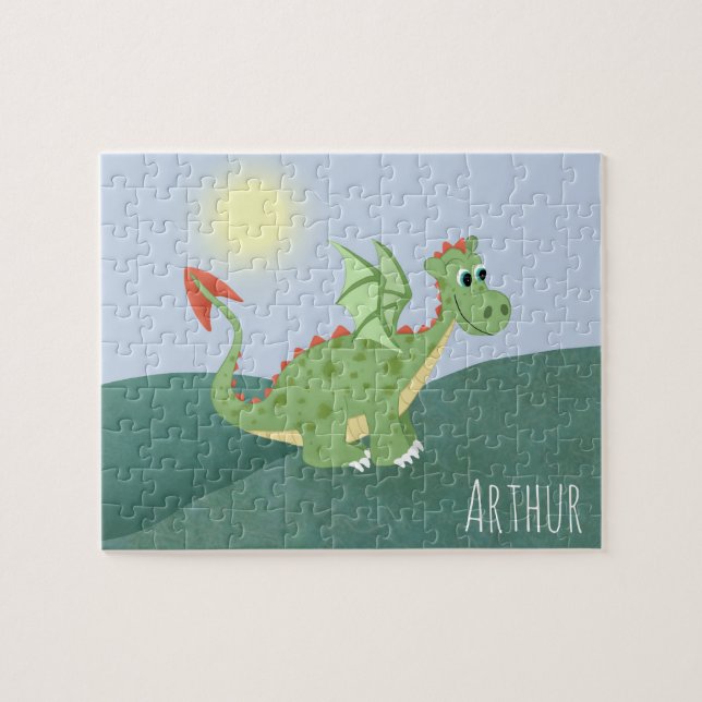 Puzzle Boys Cute and Magic Green Dragon and Name (Horizontal)