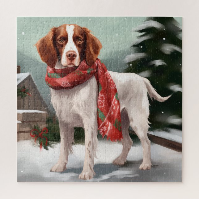 Puzzle Brittany Spaniel Dog à Noël de neige (Vertical)