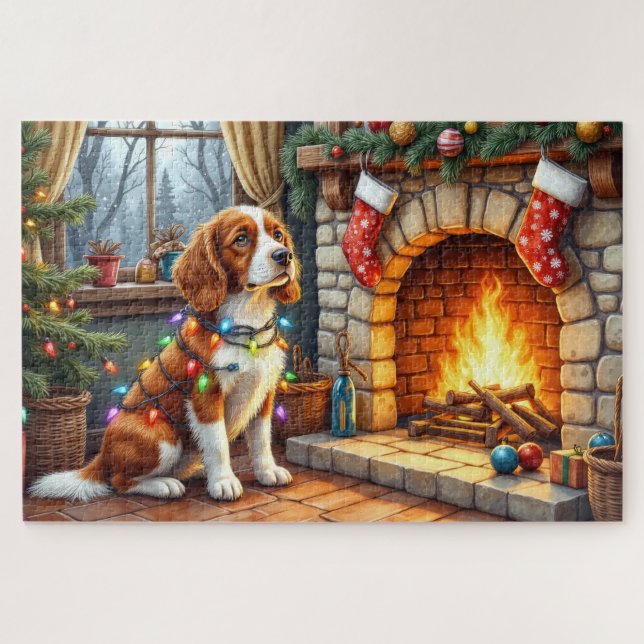 Puzzle Brittany Spaniel Fireplace with Christmas Lights (Horizontal)