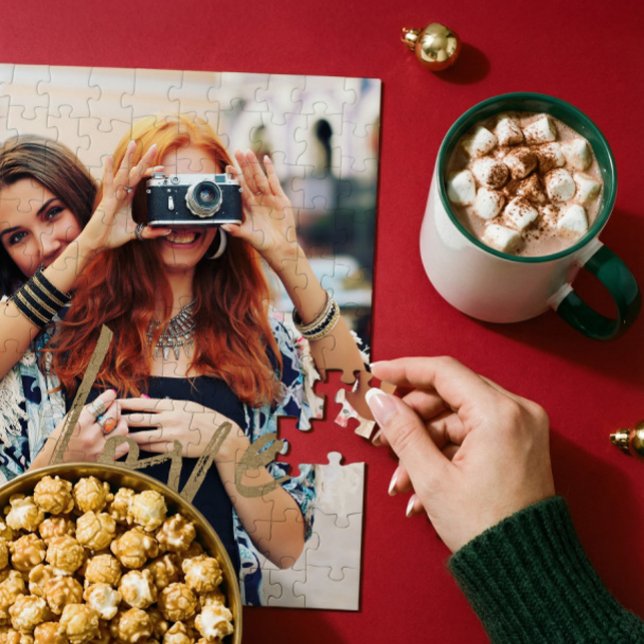 Puzzle Brosse d'amour en or Superposition de script Mémoi (Gold Love Brush Script Overlay Couple Photo Memory Jigsaw Puzzle)