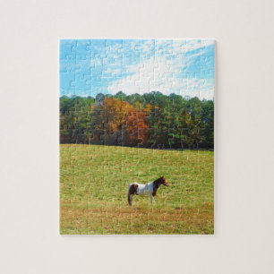 Puzzle Brown & cheval blanc, arbres d'automne, ciel bleu