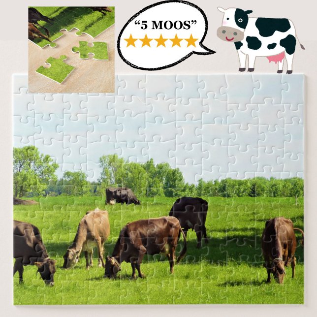 Puzzle - brown cows grazing in green farm pasture  (Grazing cows jigsaw puzzle)