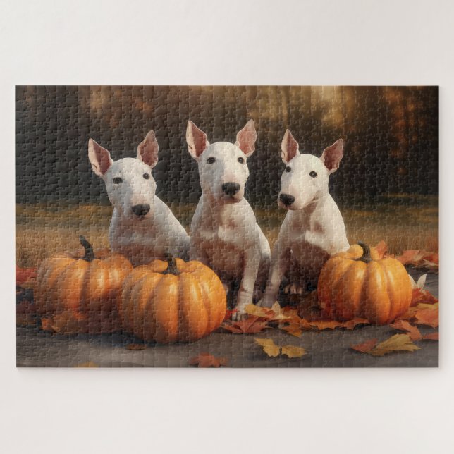 Puzzle Bull Terrier Chiot Automne Citrouille de plaisir (Horizontal)