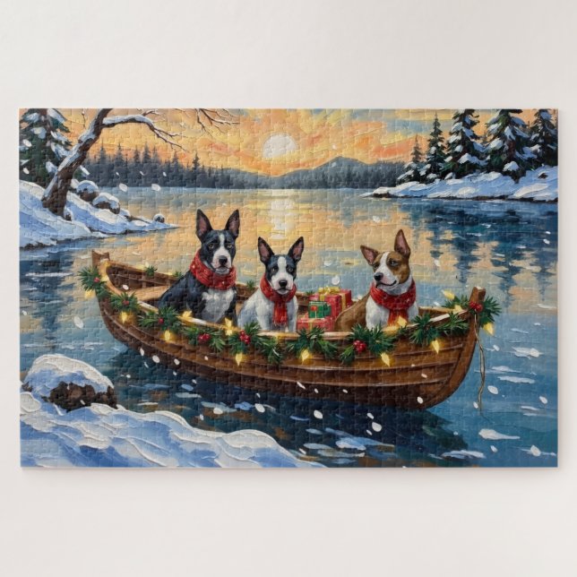 Puzzle Bull Terrier Christmas Boat Holiday (Horizontal)