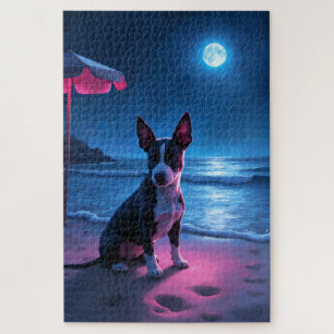Puzzle Bull Terrier Scène de plage nocturne néon