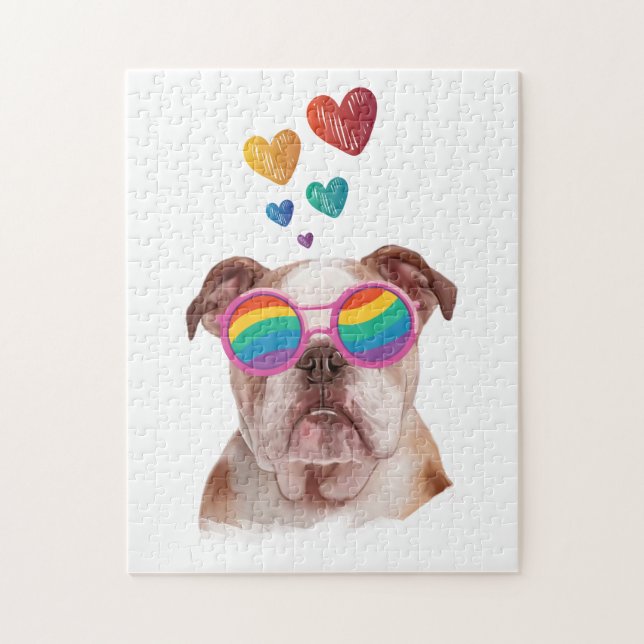 Puzzle Bulldog anglais avec des coeurs Saint-Valentin (Vertical)