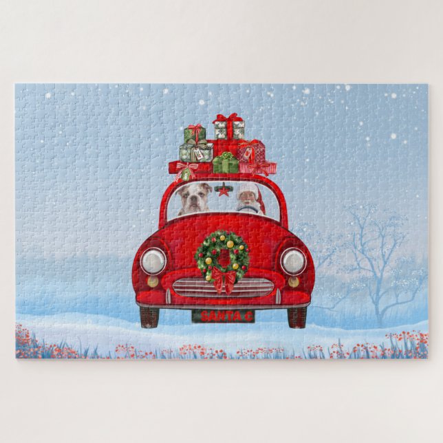 Puzzle Bulldog Anglais En Voiture Avec Le Père Noël (Horizontal)